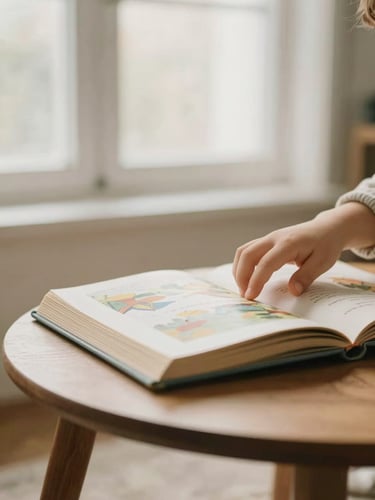 Close-up of a child's hands turning well-thumbed pages of a beautiful picture book on a low-profile rounded wooden coffee table, soft morning window light, shallow depth of field.