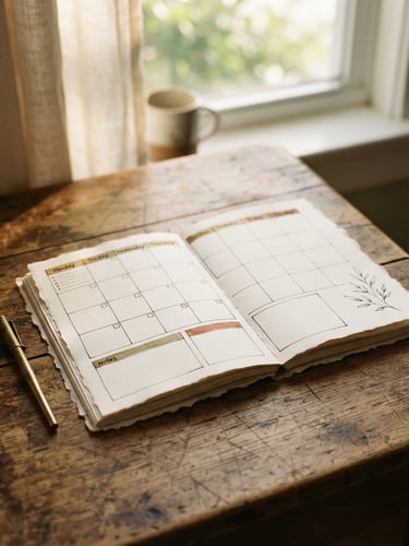 A hand-drawn weekly planner resting on a worn wooden table, soft morning window light casting hazy shadows, warm nostalgic earth tones.