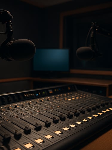 Wide shot of a radio broadcast studio interior, mixing desk in the foreground with illuminated faders, two microphones on adjustable arms, broadcast monitor glowing in the background, low documentary lighting