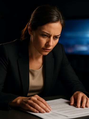 Broadcast studio close-up, a journalist leaning forward over documents and notes, studio monitor glow behind, hard-edged documentary lighting, intense concentration