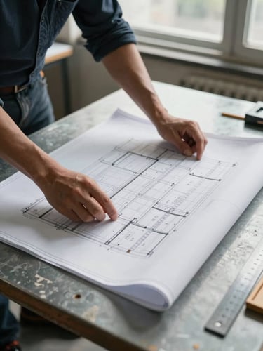 Close overhead angle of a site engineer's hands spreading large structural drawings across a worn steel table in a site office, natural overcast daylight through a window, pencil and measuring scale visible at the edge, blueprint folds casting shallow shadows