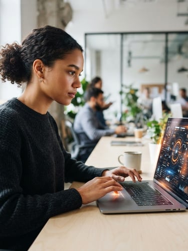 Medium close-up of a person using a high-contrast digital interface in a bright, modern workspace, natural daylight, clear focus on the tech-human connection, clean tech photography, 35mm lens
