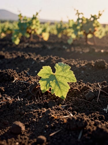 Close-up of dark volcanic Etna soil with a single green vine leaf, golden hour sunlight casting dramatic long shadows, warm editorial photography, medium format film