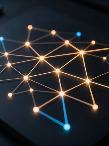 Sleek architectural system diagram on a dark screen, glowing node networks, sharp neon-amber and cool blue accents, low-key ambient light