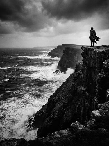 Wide shot of a solitary figure standing on a cliff edge, overlooking a vast, dark, stormy ocean. Harsh chiaroscuro lighting, long shadows, moody black and white photography, grainy film texture, surrealist composition.