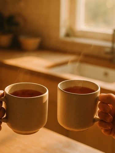 A warm, sunlit kitchen with hands holding ceramic mugs of tea, soft golden-hour light, shallow depth of field, 35mm film look.