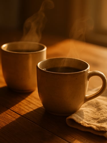 A warm, sunlit wooden table with two steaming ceramic mugs, soft golden-hour light casting long shadows, a rustic linen napkin, shallow depth of field.