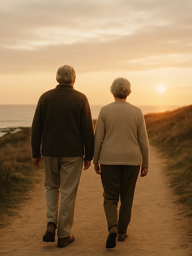 A peaceful coastal walking path at sunset, two older adults walking side-by-side, soft overcast daylight, 35mm film look.