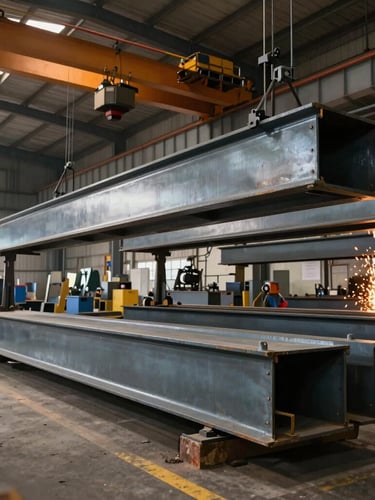 Wide environmental shot of the Mysuru fabrication floor, overhead cranes positioning massive structural steel I-beams under high-contrast industrial bay lighting, sparks flying in the background.