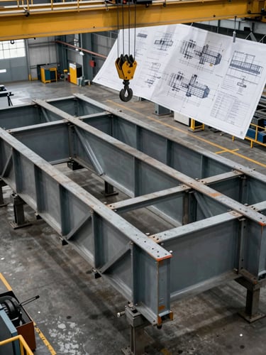 High-angle shot of heavy-duty industrial fabrication floor, massive structural steel trusses aligned on steel stands, overhead crane hook visible in upper frame, technical blueprint layout.