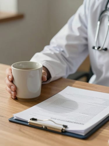 Close-up of a doctor's hand holding a ceramic mug next to open medical charts on a clean wooden desk, soft warm morning light, calm atmosphere
