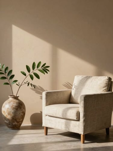 Minimalist, sunlit consultation room with a linen armchair, a green botanical branch in a ceramic vase, soft shadows on a warm sand-colored wall