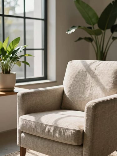 A serene, naturally lit consultation room with a soft linen armchair, a green botanical plant in a ceramic pot, and warm sunlight streaming through a large window.