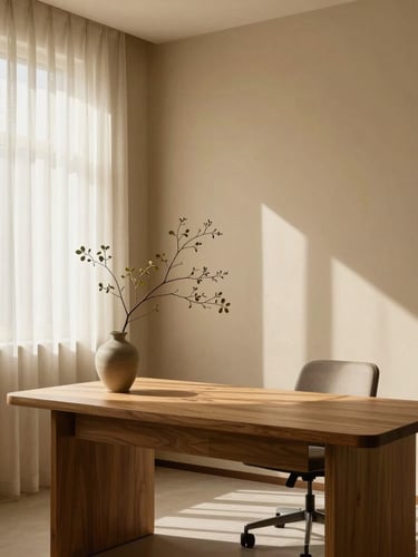 A serene, high-end medical consultation room with warm sand-colored walls, soft linen curtains diffusing natural daylight, a minimalist wooden desk, and a delicate botanical branch in a ceramic vase.