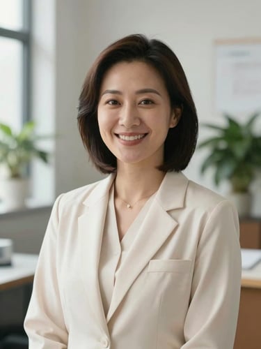 A professional portrait of a female physician with a warm, welcoming expression, dressed in a minimalist cream blazer, captured in a naturally lit clinic office with soft plants in the background.