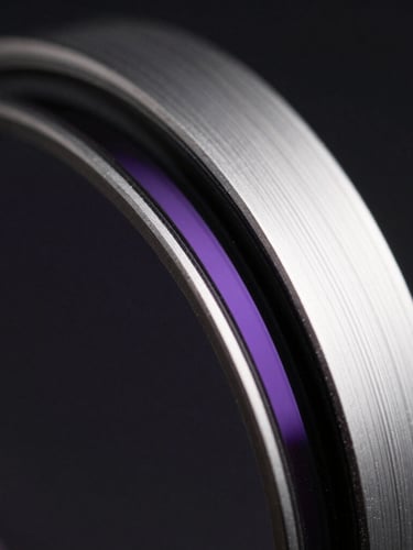Macro shot of a pristine optical filter edge, showing subtle purple anti-reflective reflections, dramatic studio rim lighting, dark moody background.