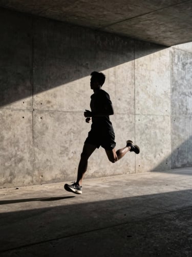Silhouette of an athlete running in a concrete tunnel, sharp directional light, high contrast chiaroscuro, extreme shadow