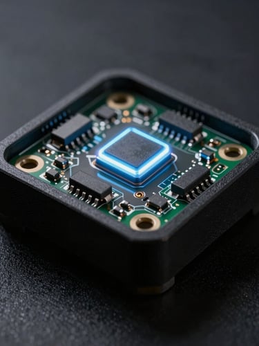 Macro shot of a glowing microcontroller integrated into a matte black 3D-printed casing, sharp rim lighting, dark high-contrast background