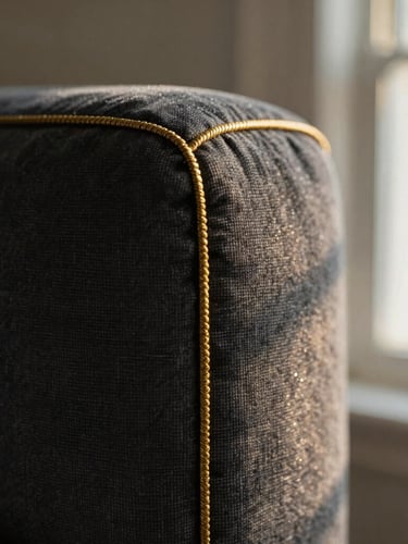 Macro close-up shot of heavy gold-toned textile stitching on a deep charcoal upholstered headboard, shallow depth of field, warm morning window light, rich textures, 35mm
