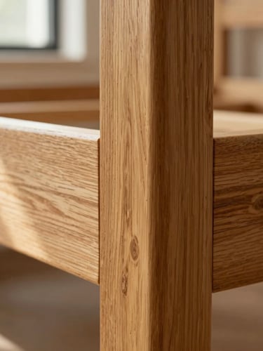 Macro close-up of a solid oak bed frame joint, showcasing the precise heavy-timber joinery and warm grain under soft natural side light, shallow depth of field, warm editorial photography, 35mm