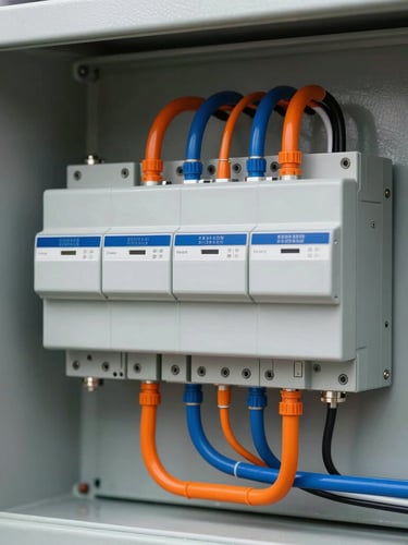 Sharp macro shot of a clean, professionally organized industrial electrical panel with structured orange and blue wiring, bright daylight, 35mm
