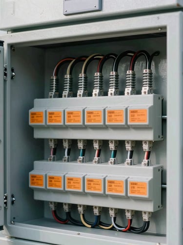 Crisp industrial photography of a modern electrical distribution board with organized wiring and safety orange tags, clean daylight, sharp focus, 35mm