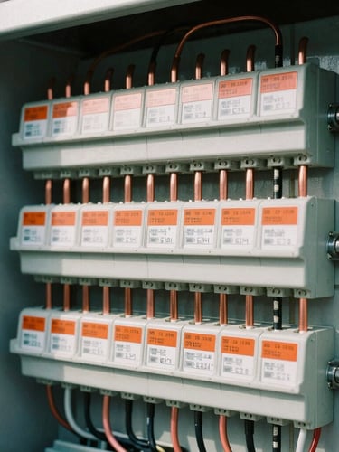 Close-up of a highly organized industrial electrical panel, clean copper wiring, safety orange labels, sharp focus on technical schematics, daylight, 35mm