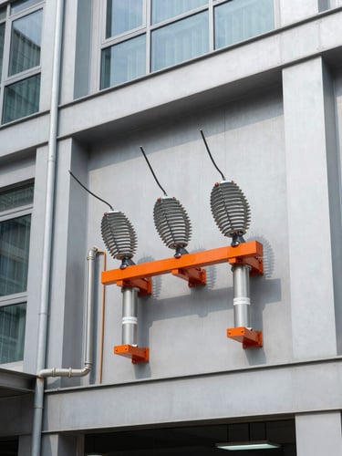Sharp daylight shot of a modern commercial building facade with visible electrical infrastructure, technical precision, 35mm