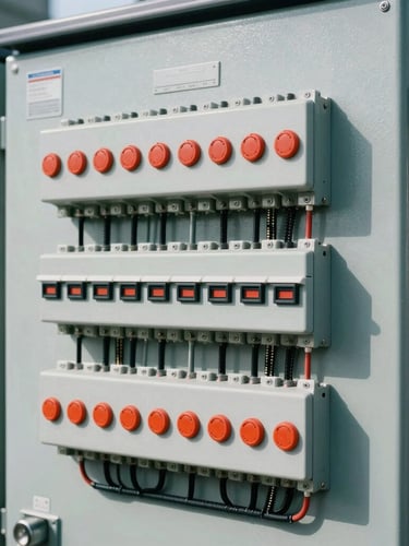 Crisp industrial photography of a modern electrical control panel with organized wiring and safety switches, clean daylight, sharp focus on technical details, 35mm