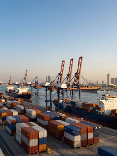 High-angle shot of Jebel Ali Port, Dubai, with container ships and cranes under a clear blue sky, industrial logistics, cinematic corporate photography, golden-hour architectural light, deep navy and warm gold tones, wide-angle architectural lens, 35mm.