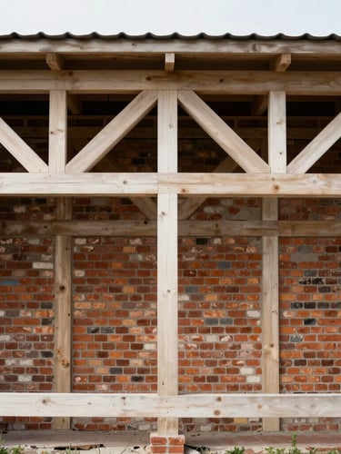 Straight-on architectural detail of a structurally restored brick foundation and clean timber framing, natural diffused daylight, technical precision.