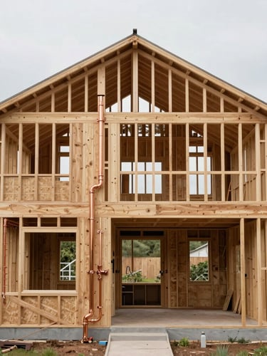 Straight-on architectural view of a residential home under structural renovation, showing clean exposed timber framing and newly run copper plumbing in diffused daylight.