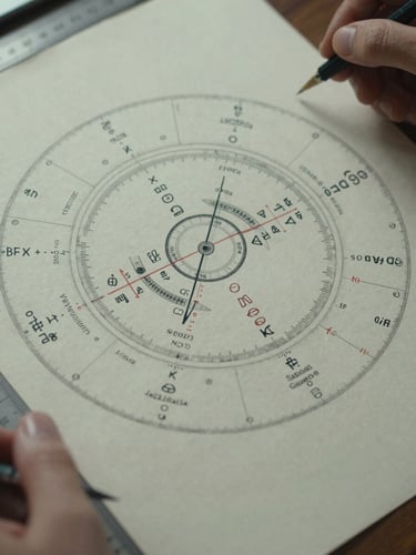 Close-up overhead of an annotated natal chart on cream paper, pencil markings and ruler visible at the edge, cool north-facing daylight, hands partially in frame