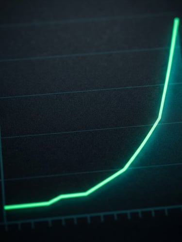 High-contrast search console graph showing a steep, hockey-stick growth curve, glowing electric green lines on a deep charcoal background, tight macro shot, UI elements, low-key studio lighting.