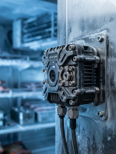 Sharp macro photograph of a rugged zEnergon sensor hardware unit mounted on clean stainless steel inside a commercial freezer, cool blue ambient light, high-contrast metallic tones, 50mm lens