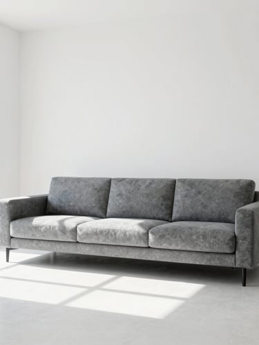 Bright high-key interior photography of a modern minimalist living room, crisp natural daylight, clean white and slate tones, sharp focus, 35mm