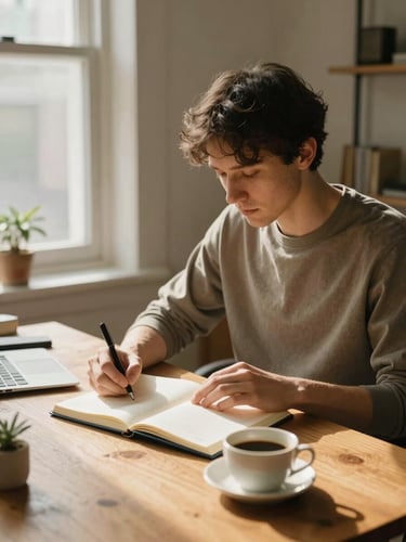 Wide editorial frame, creator seated at a wooden desk near a window, soft natural daylight from the left, open notebook and a cup of coffee in front of them, calm and attentive, looking down at the page — never at the camera, warm golden tones, unhurried domestic home-office atmosphere