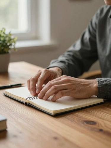 Close-up of a person's hands resting open on a wooden desk beside a notebook and a small plant, soft natural window light from the left, warm and still, no movement