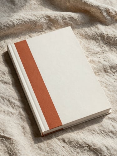 A physical-style book mockup of a small guide resting on a linen cloth, the cover showing a simple terracotta stripe on an off-white background, photographed from slightly above with warm natural side light, no text visible on the cover