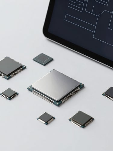 A flat-lay composition of modern hardware, clean microchips, minimalist digital diagram on a screen, crisp studio lighting, desaturated cool tones.