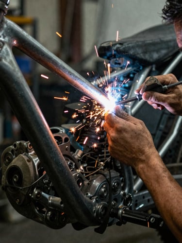 Close-up of a builder welding a motorcycle frame, warm orange sparks flying in a dark gritty industrial workshop, shallow depth of field, 35mm