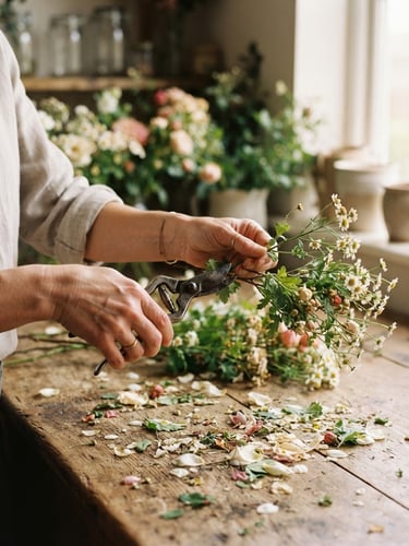 A close-up of Kelly's hands gently trimming a delicate wild branch over a wooden table covered in loose petals, soft diffused morning light, shallow depth of field, warm editorial photography.