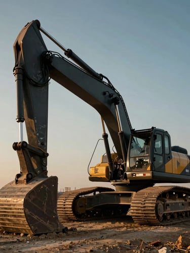 Low-angle heroic shot of a massive modern excavator operating on a UAE construction site at golden hour, dramatic sunlight casting long shadows on metallic textures, cinematic 35mm photography