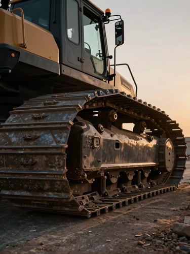 Heroic close-up of high-grade construction materials and steel treads of heavy machinery on a UAE road construction site, dramatic golden-hour sunlight, high-contrast dark tones, cinematic perspective