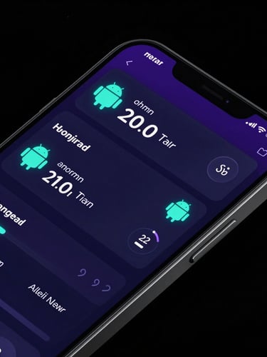 Dark high-contrast digital rendering of an Android phone screen displaying a technical system dashboard, neon cyan and violet accent lighting, crisp UI details, sharp focus, 3d render