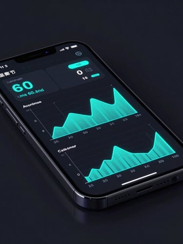 3D render of a high-performance mobile interface, dark screen with neon cyan telemetry graphs, sharp focus, high contrast dark ambient background