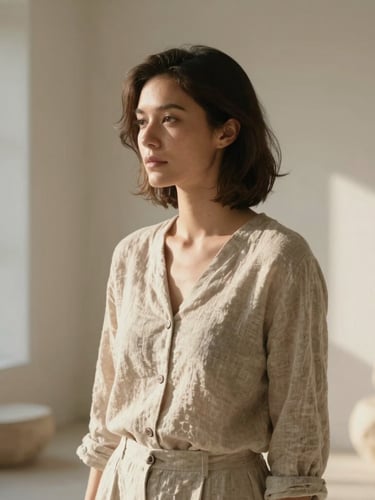 Medium-long portrait of a professional woman in a sunlit, minimalist neutral-toned room, soft morning daylight, warm textures of linen and stone, serene atmosphere.