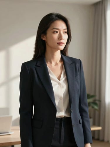 Medium environmental portrait of a professional woman in a sunlit, minimalist neutral-toned room, soft morning daylight, breathing room