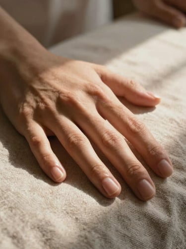 Extreme close-up of hands touching a textured linen fabric, warm sunbeams filtering through, soft luxury wellness vibe