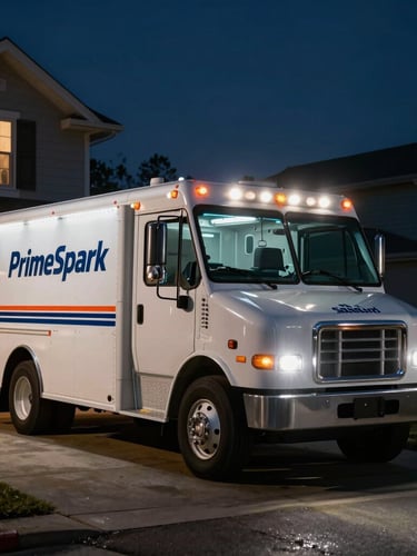 A high-contrast wide shot of a PrimeSpark service truck parked outside a Sanford home at night, illuminated by dramatic work lights and headlamps.